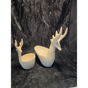 Folk Art Hand Carved Wood Deer Bowls Set of 2